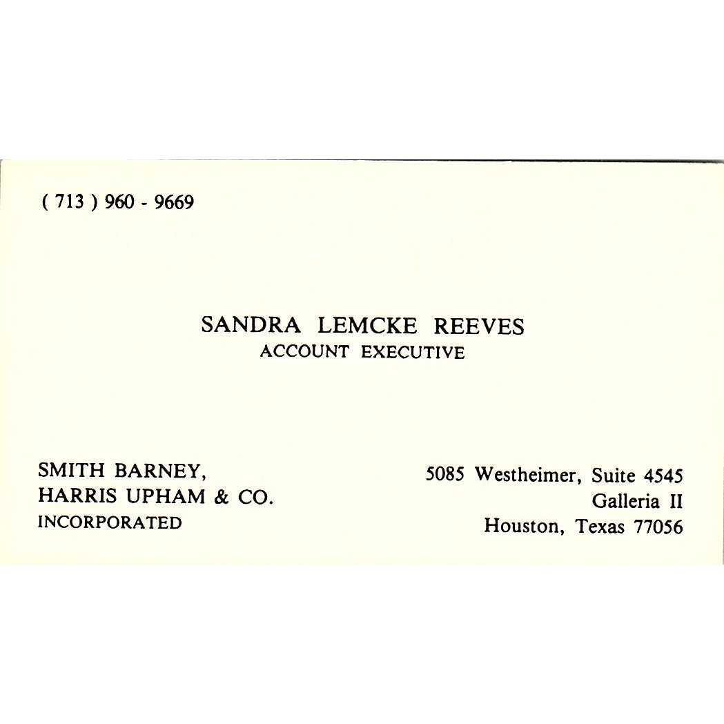 Sandra Lemcke Reeves Smith Barney Harris Upham Houston TX Business Card SF3-B4