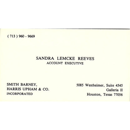 Sandra Lemcke Reeves Smith Barney Harris Upham Houston TX Business Card SF3-B4