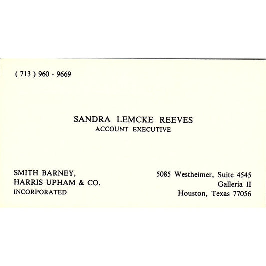 Sandra Lemcke Reeves Smith Barney Harris Upham Houston TX Business Card SF3-B4