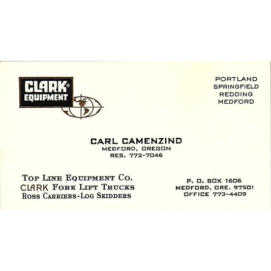 Top Line Equipment Co. Carl Camenzino Medford OR Vintage Business Card SB4-B5