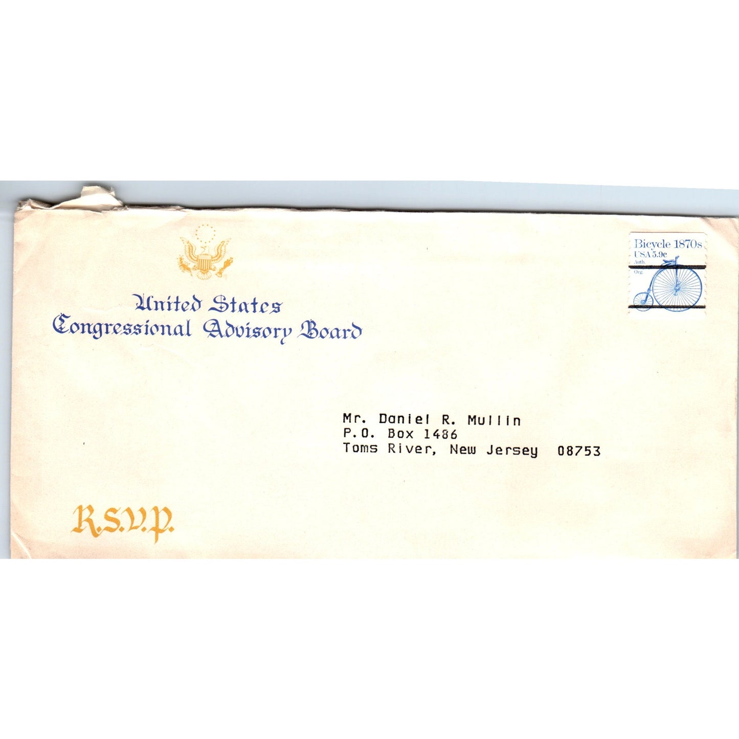 Congressional Advisory Board Pennyfarthing Stamp Postal Cover Envelope TG7-PC3