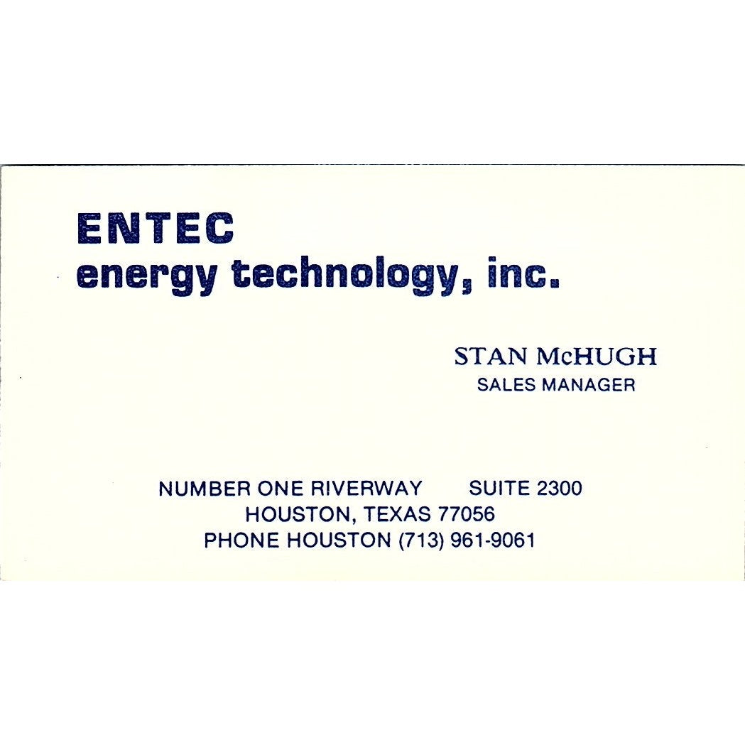 Entec Energy Technology Stan McHugh Houston Texas Vintage Business Card SF3-B7