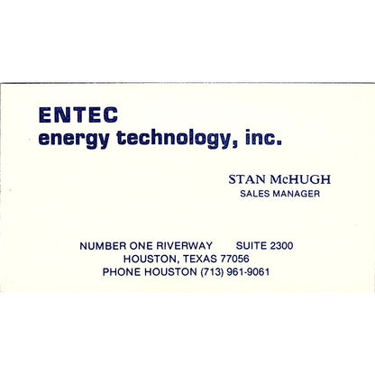 Entec Energy Technology Stan McHugh Houston Texas Vintage Business Card SF3-B7