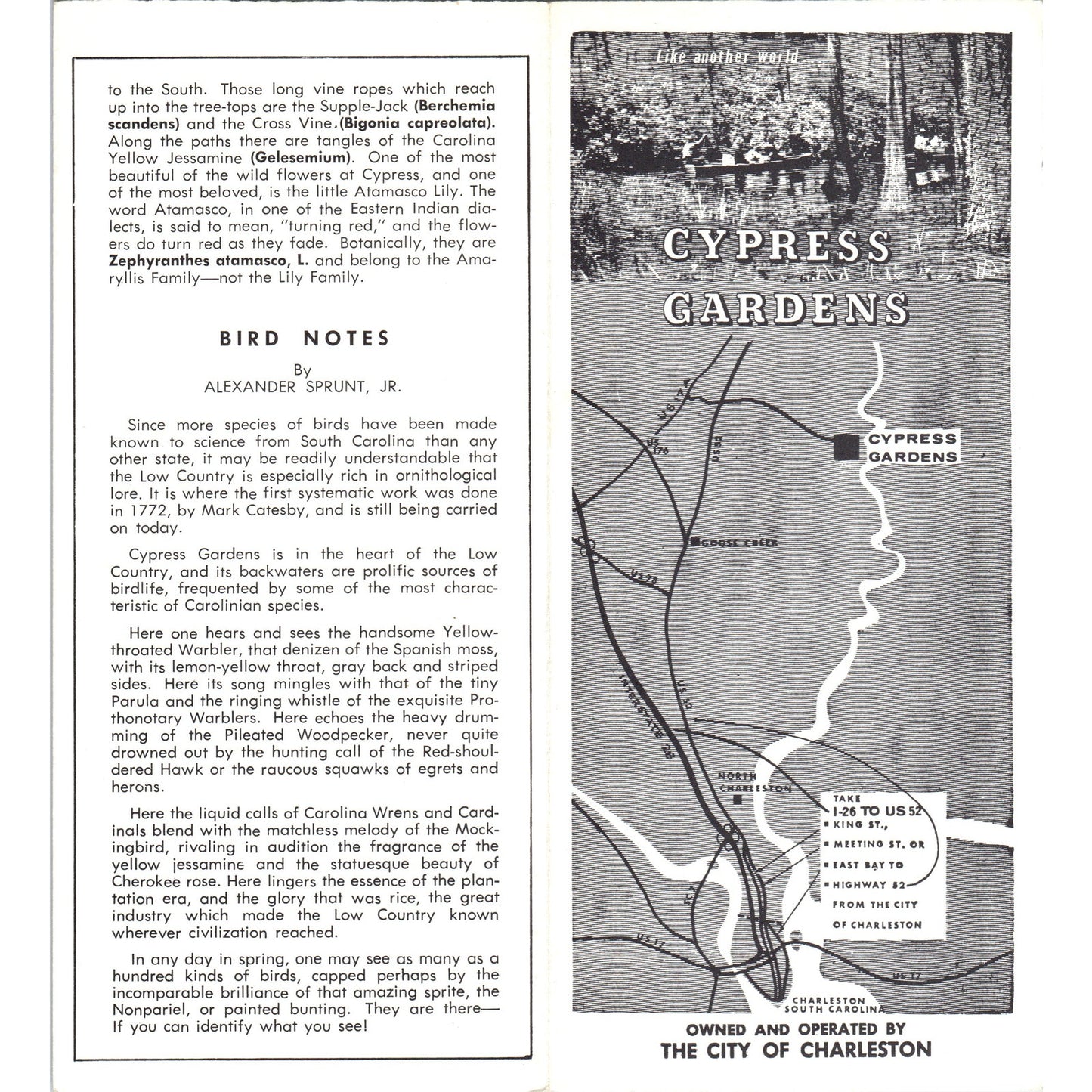 Vintage Cypress Gardens South Carolina Fold Out Map & Travel Brochure H5-5