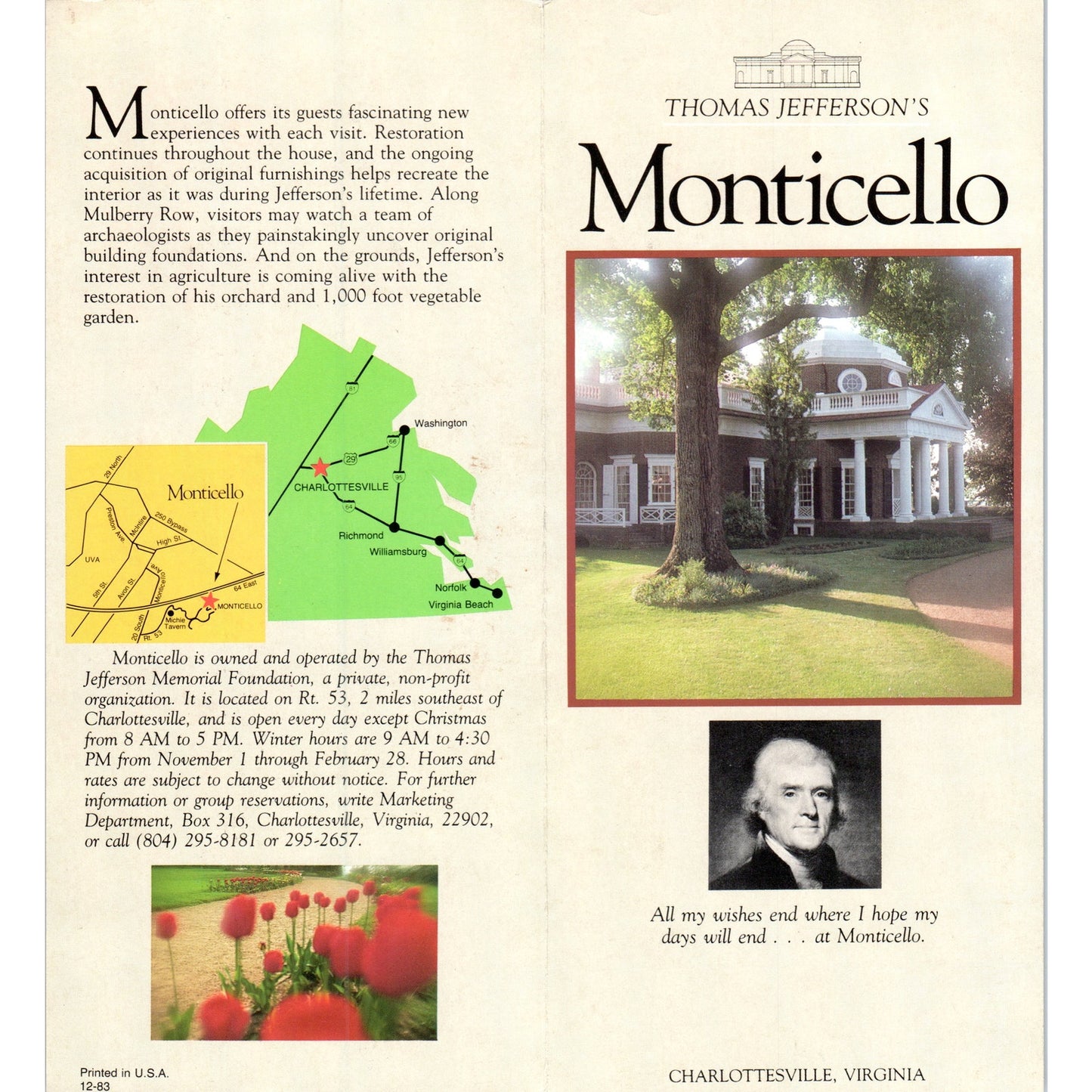 Vintage Thomas Jefferson's Monticello Charlottesville VA Map & Brochure TF4-B1