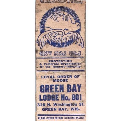 Loyal Order of Moose Green Bay Lodge No 801 WI Vintage Matchbook Cover SD4-Y10