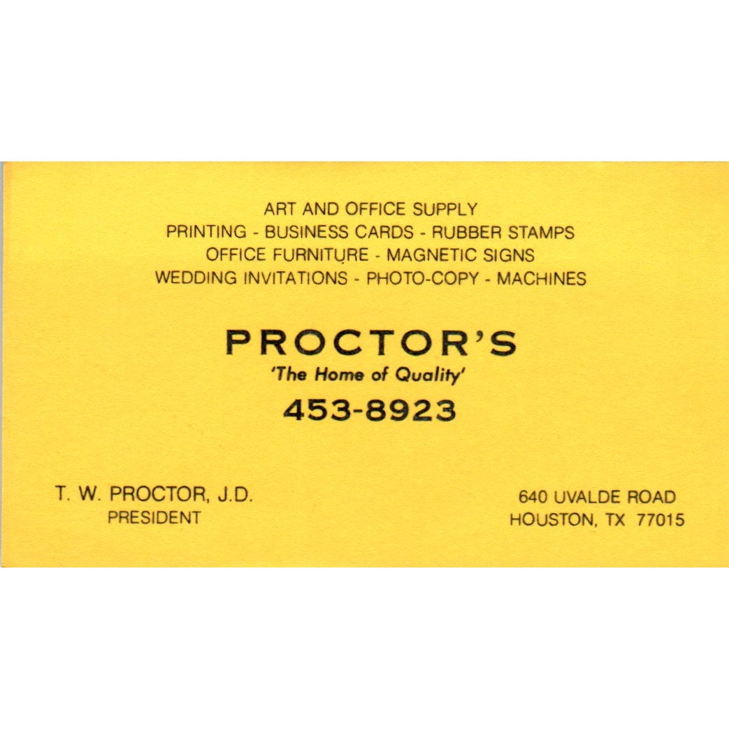 T.W. Proctor Proctor's Art & Office Supply Houston Vintage Business Card SE3-B4