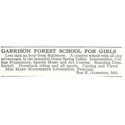 Garrison Forest School for Girls Mary Moncrieffe Livingston MD c1918 Ad AE5-SV2