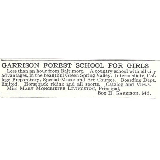 Garrison Forest School for Girls Mary Moncrieffe Livingston MD c1918 Ad AE5-SV2