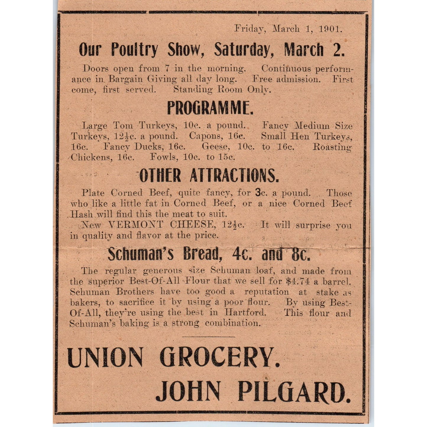 Union Grocery John Pilgard Poultry Show Hartford 1901 Newspaper Ad AD8-H1