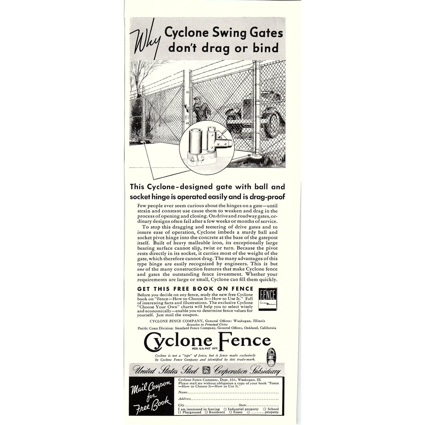 Cyclone Fence Company US Steel Corp Waukegan Illinois 1935 Ad V1-5