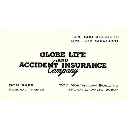 Don Rapp Globe Life & Accident Ins Spokane WA Vintage Business Card SD9-B9
