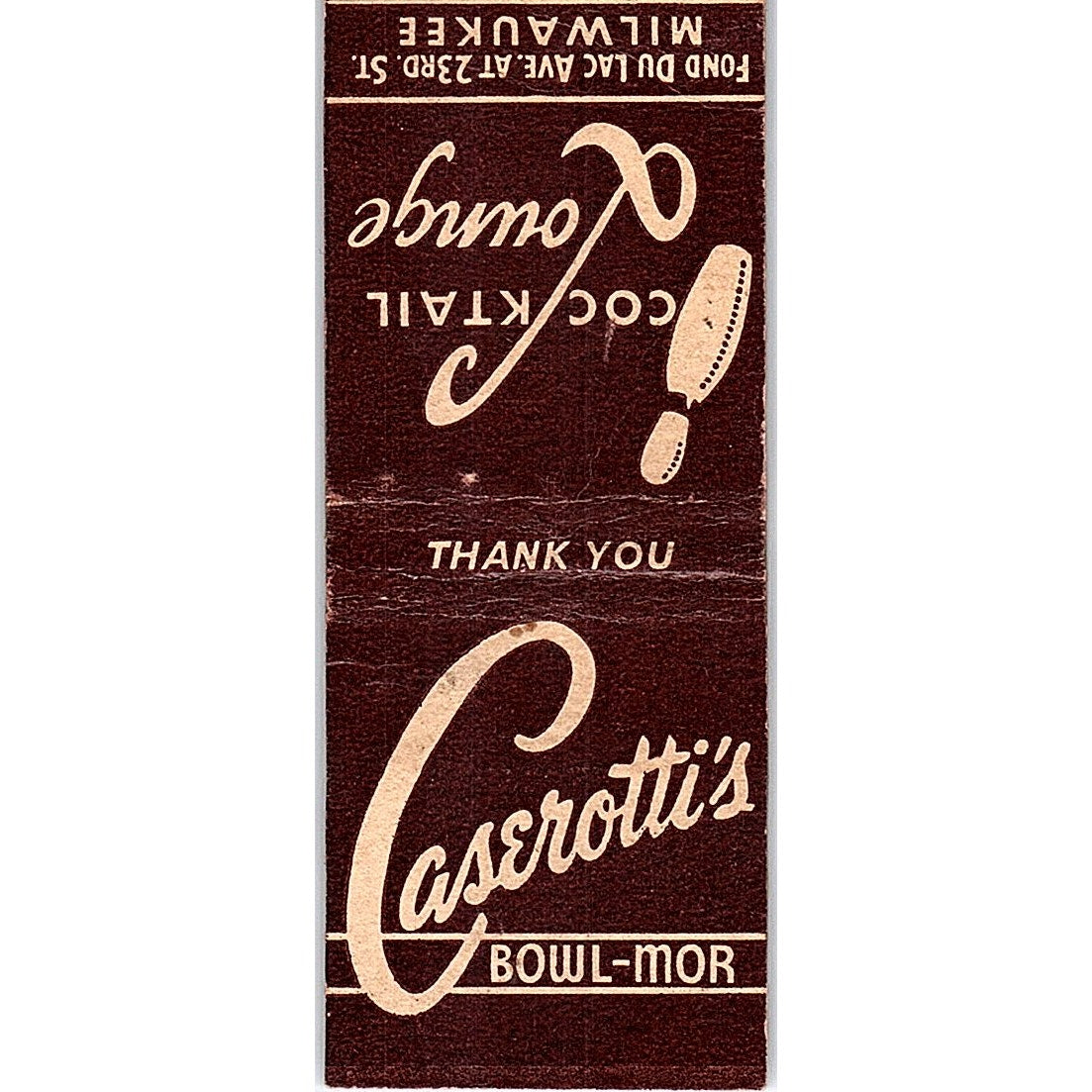 Caserotti's Bowl-Mor Lounge Bowling Milwaukee Vintage Matchbook Cover SF3-Y5