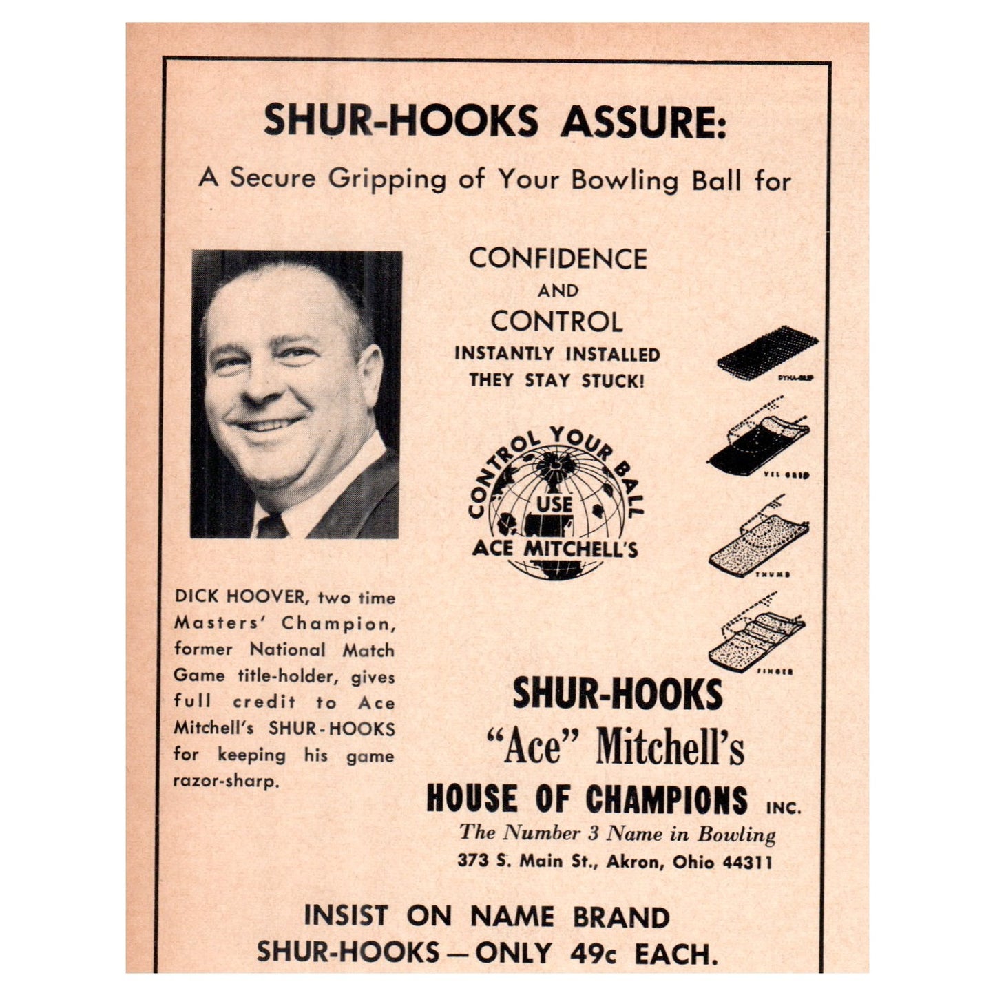 Shur-Hooks Ace Mitchell's House of Champions Dick Hoover 1969 Bowling Ad AF6-1