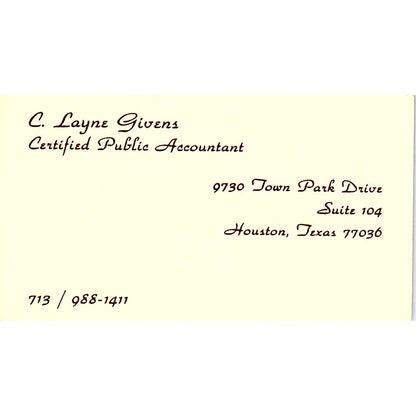 C Layne Givens CPA Houston TX Vintage Business Card SD9-B1