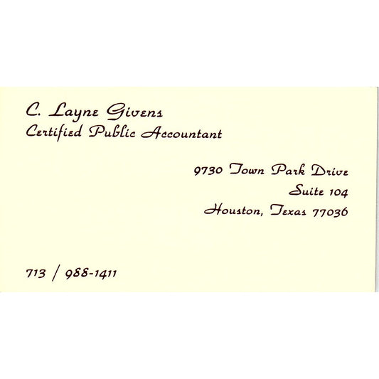 C Layne Givens CPA Houston TX Vintage Business Card SD9-B1
