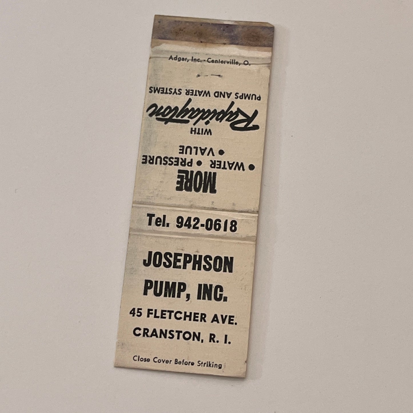 Johnson Pump Inc Cranston RI Vintage Matchbook Cover TB6-MB2-2
