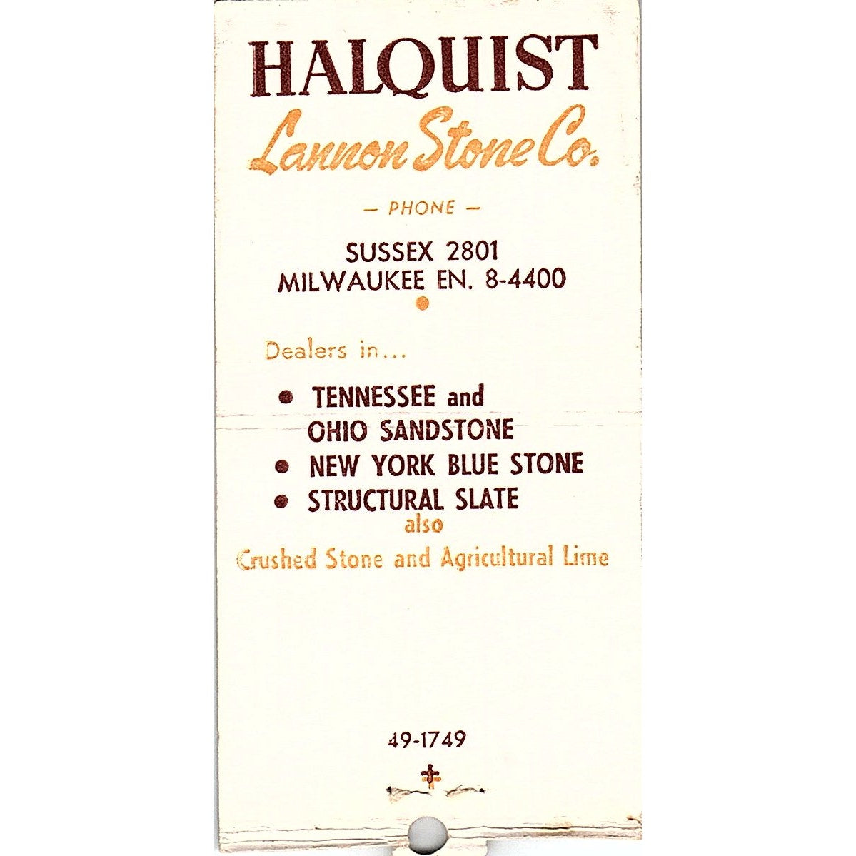 Halquist Lannon Stone Co Sussex WI Vintage Matchbook Cover SC7-Y3