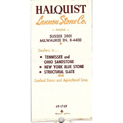 Halquist Lannon Stone Co Sussex WI Vintage Matchbook Cover SC7-Y3