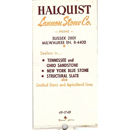 Halquist Lannon Stone Co Sussex WI Vintage Matchbook Cover SC7-Y3