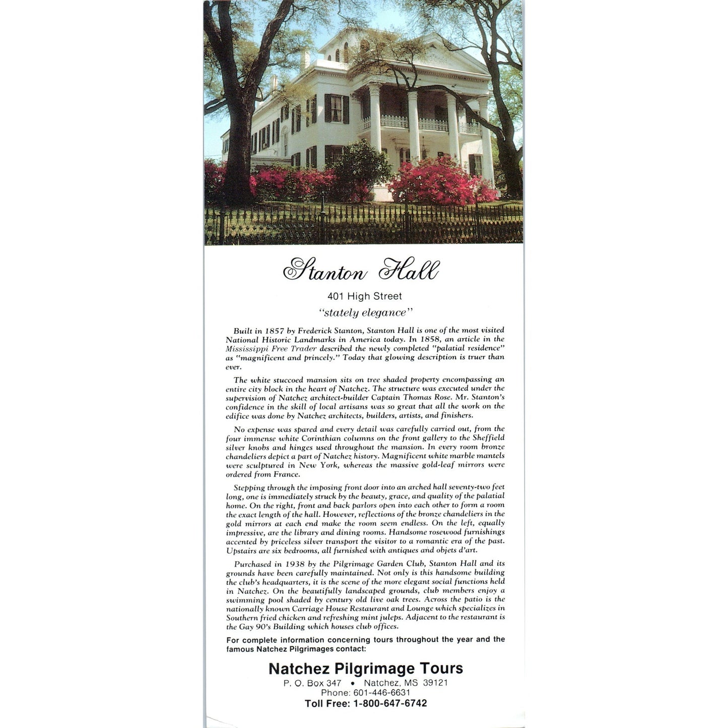Vintage Natchez MS Pilgrimage Tours Stanton Hall, Longwood Travel Leaflet TF4-B1