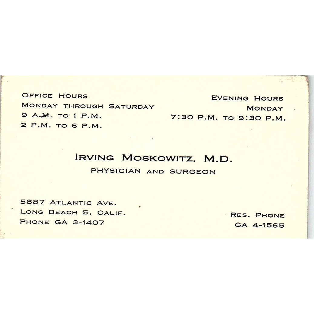 Physician and Surgeon Irving Moskowitz Long Beach,, CA  Business Card SF3-B9