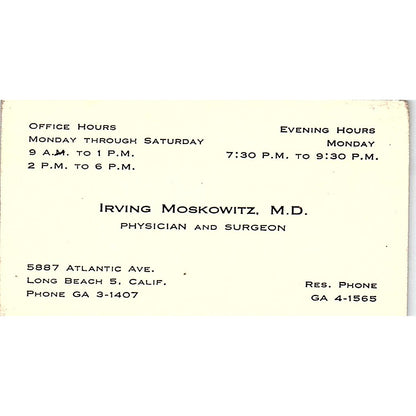 Physician and Surgeon Irving Moskowitz Long Beach,, CA  Business Card SF3-B9