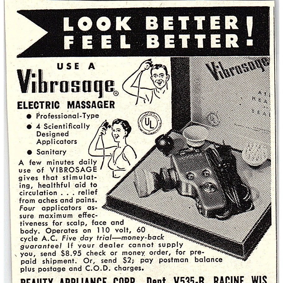 Vibrisage Electric Massager - Beauty Appliance Corp Racine WI 1955 Ad AF9-M4