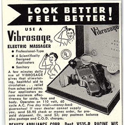 Vibrisage Electric Massager - Beauty Appliance Corp Racine WI 1955 Ad AF9-M4