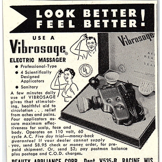 Vibrisage Electric Massager - Beauty Appliance Corp Racine WI 1955 Ad AF9-M4