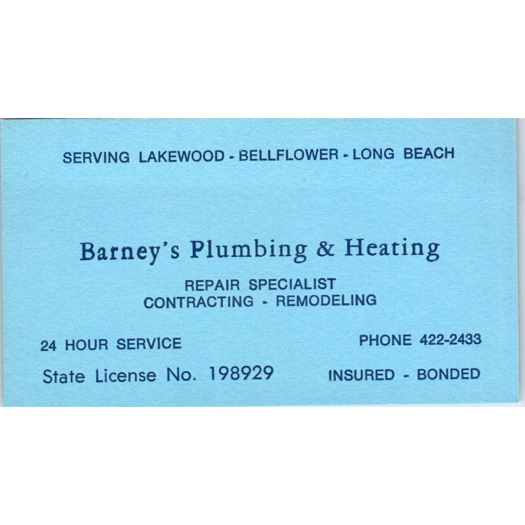 Barney's Plumbing & Heating Lakewood Bellflower Long Beach Business Card SD4-B1