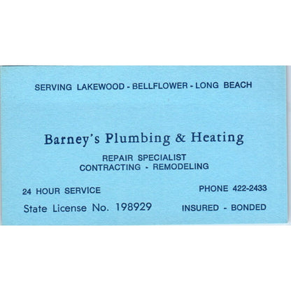 Barney's Plumbing & Heating Lakewood Bellflower Long Beach Business Card SD4-B1