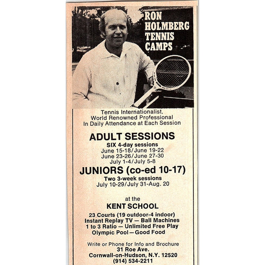 Ron Holmberg Tennis Camps Kent School Cornwall-On-Hudson NY 1977 Ad AF3-Q2