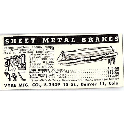 Sheet Metal Brakes - Vyke Mfg Co Denver CO 1955 Ad AF9-S2