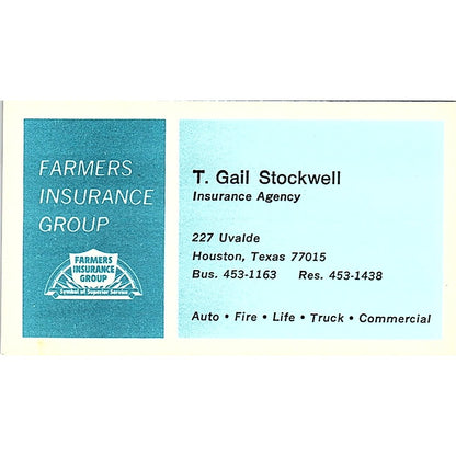 Farmers Insurance Group T Gail Stockwell Houston TX Vintage Business Card SB4-B7