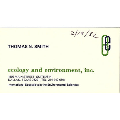 Ecology & Environment Thomas N. Smith Dallas Texas Vintage Business Card SF3-B5
