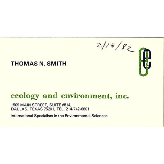 Ecology & Environment Thomas N. Smith Dallas Texas Vintage Business Card SF3-B5