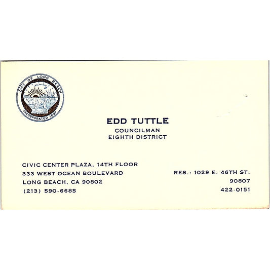 Edd Tuttle councilman Eight District Long Beach CA Vintage Business Card SF3-B3
