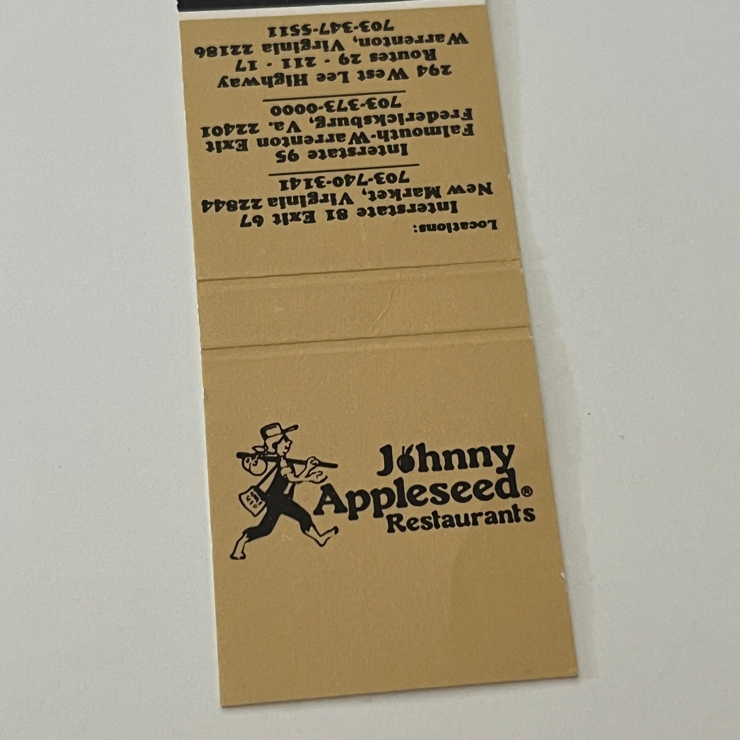 Johnny Appleseed Restaurants Virginia Vintage Matchbook Cover TB6-MB2-4