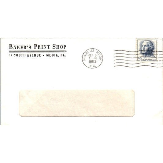 1963 Baker's Print Shop Media PA to Marcus Hook Postal Cover Envelope TG7-PC3