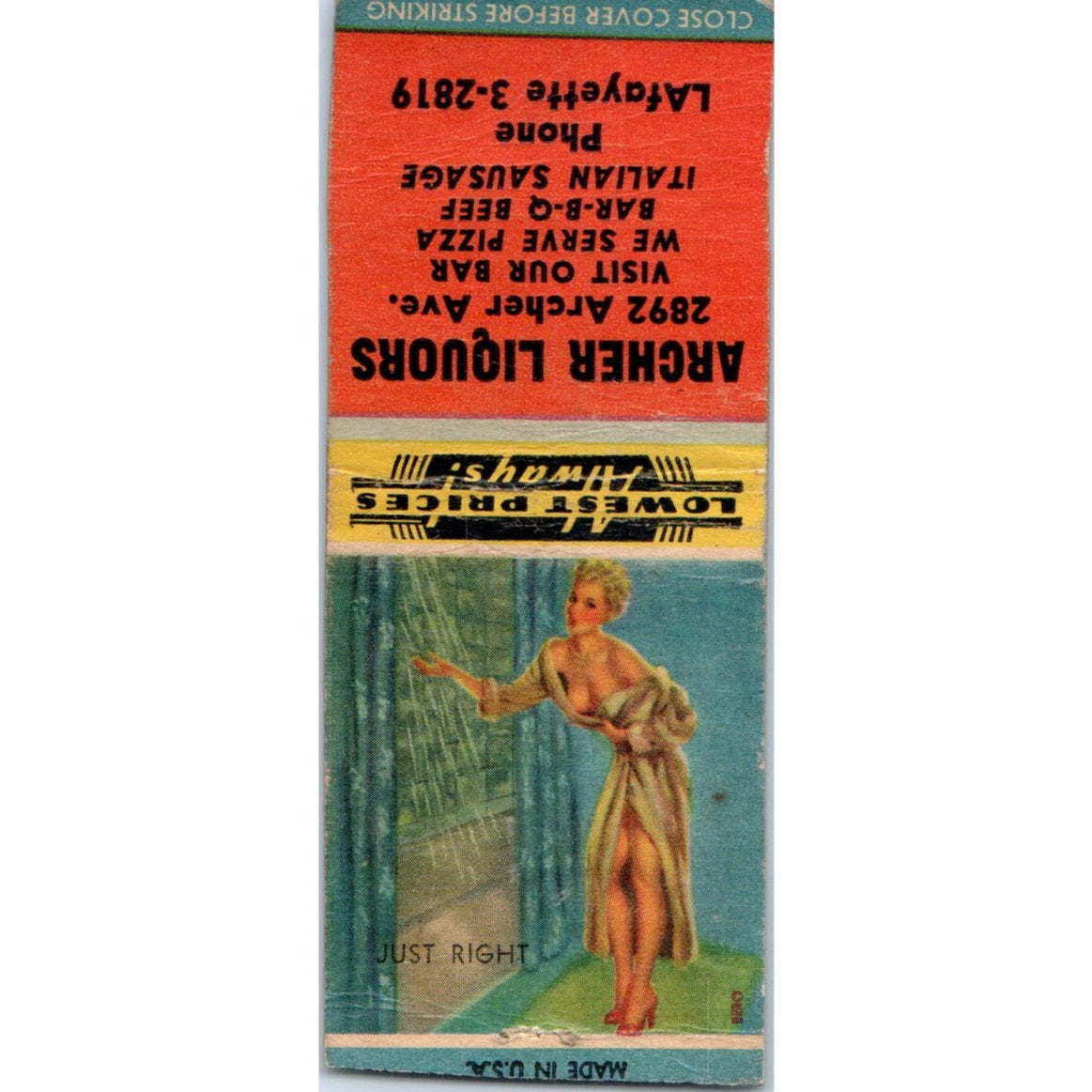Archer Liquors Chicago Pin Up Just Right Vintage Matchbook Cover SF4-Y5