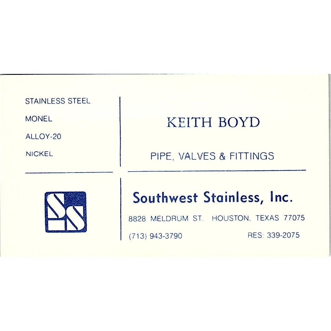 Keith Boyd Southwest Stainless Inc Houston Vintage Business Card SE5-B3