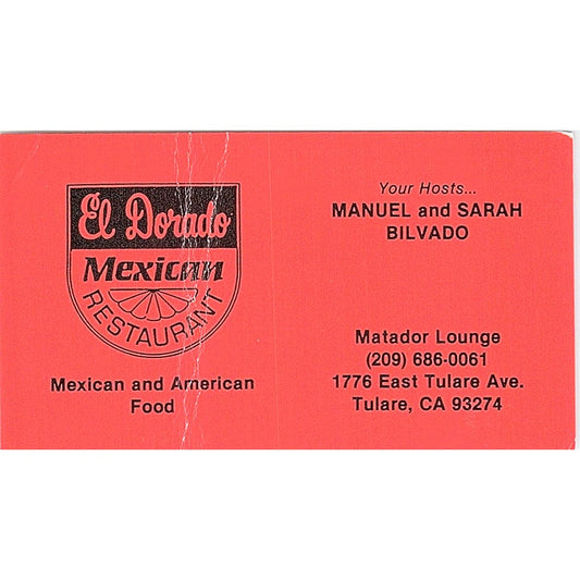 El Dorado Mexican Restaurant Manuel & Sarah Bilvado Tulare Business Card SC9-B8
