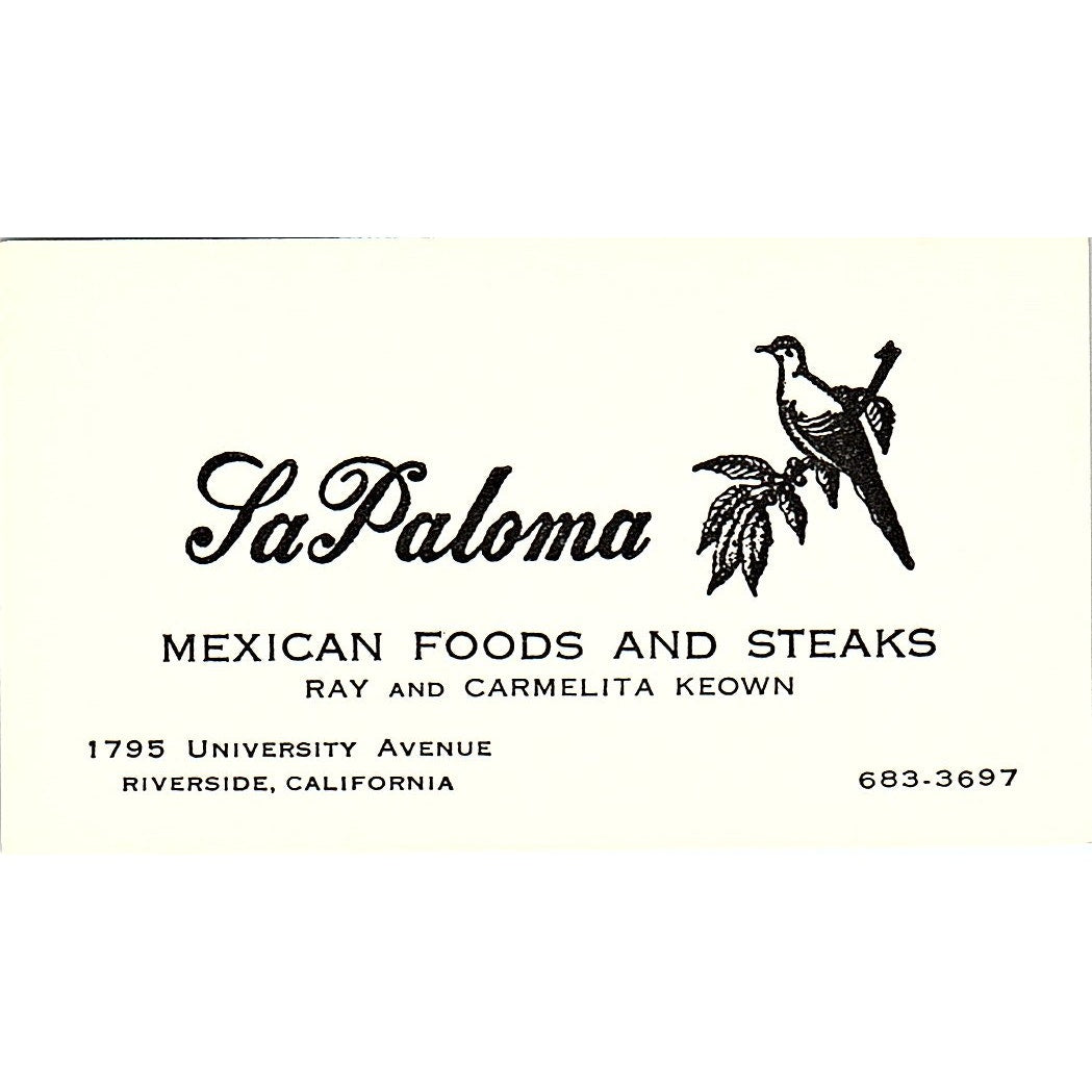 La Paloma Mexican Food Ray & Carmelita Keown Riverside CA Business Card SD9-B10