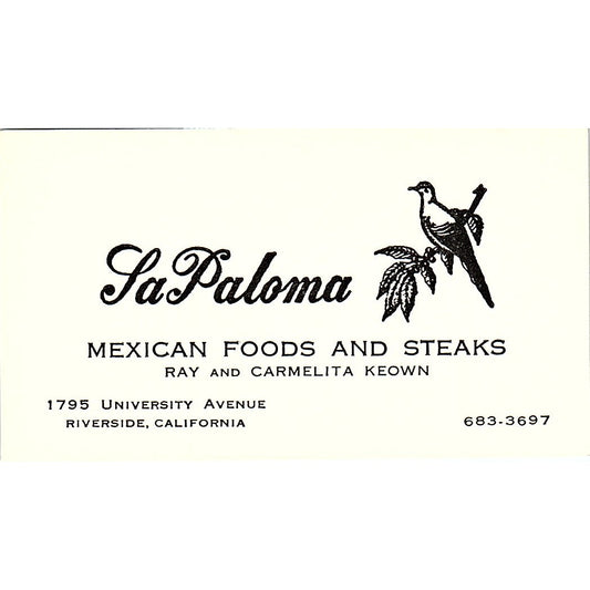 La Paloma Mexican Food Ray & Carmelita Keown Riverside CA Business Card SD9-B10