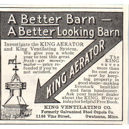 King Ventilating Co Owatonna Aerator Cupola 1913 Magazine Advertisement AE7-N7