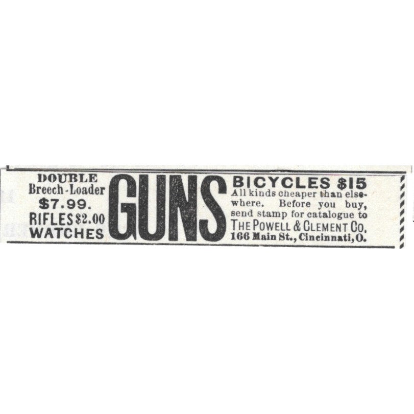 The Powell & Clement Co Guns, Bicycles, Watches Cincinnati OH 1892 Ad AG2-S25