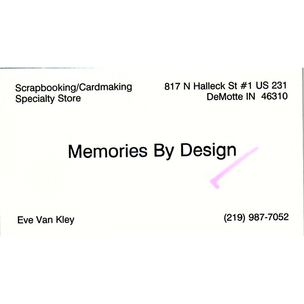 Eve Van Kley Memories by Design DeMotte IN Vintage Business Card SC9-B10