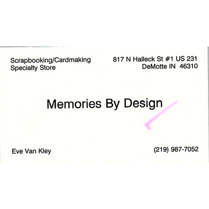 Eve Van Kley Memories by Design DeMotte IN Vintage Business Card SC9-B10