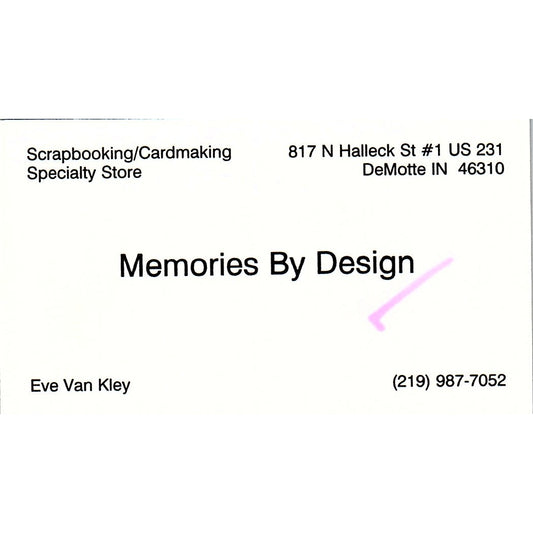 Eve Van Kley Memories by Design DeMotte IN Vintage Business Card SC9-B10